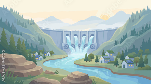 Illustration of a hydroelectric dam providing clean energy to a mountain village with solar panels. Concept for sustainability, renewable power, and green technology.