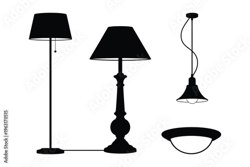 Lamps silhouette vector set: floor, table, pendant