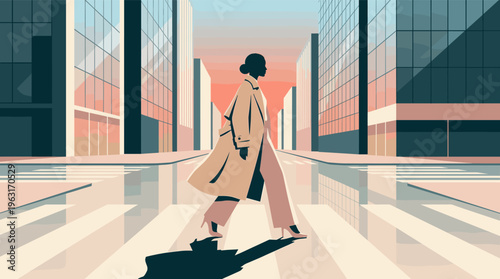 A stylish woman in a trench coat walks across a city street. This modern vector illustration evokes confidence, career ambition, and urban lifestyle. Perfect for business concepts.