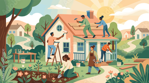 A diverse community works together on a home renovation project, painting, roofing, and gardening on a sunny day. Concept of teamwork, charity, and neighborhood improvement.