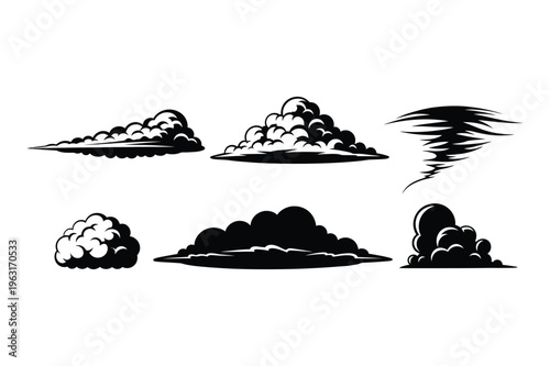 Set of cloud silhouettes, cumulus, tornado, stormy and wispy sky elements