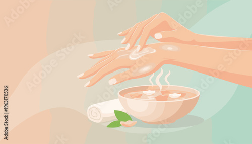 Vector illustration of woman's hands applying lotion. Spa scene with bowl and towel for beauty, wellness, and cosmetic concepts. Soft, gentle, and relaxing aesthetic.