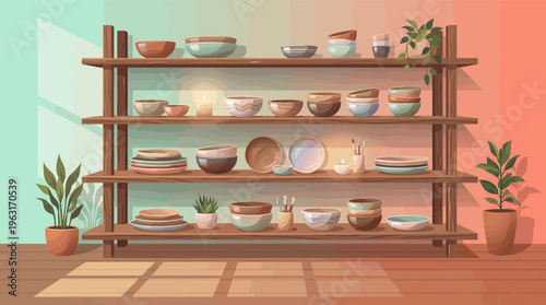Illustration of a cozy pottery studio with handmade ceramic bowls and plates on wooden shelves. Warm, tranquil interior background for creative hobbies, crafts, and home decor.