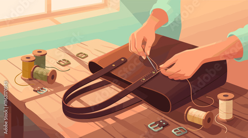 Illustration of an artisan's hands stitching a handmade brown leather bag. Represents craftsmanship, traditional skills, hobby, and small business creation in a sunlit workshop.