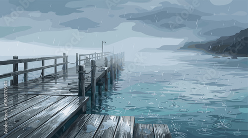 A moody, atmospheric vector illustration of a rainy wooden pier on a lake. This melancholic scene evokes solitude, perfect for backgrounds or book covers.