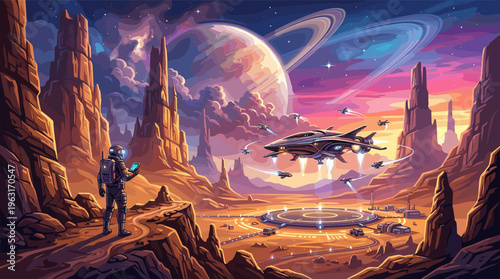 An astronaut observes a futuristic spaceport on a desert alien planet. Spaceships fly towards a landing pad under a vibrant sky with a large ringed planet. Epic sci-fi illustration.