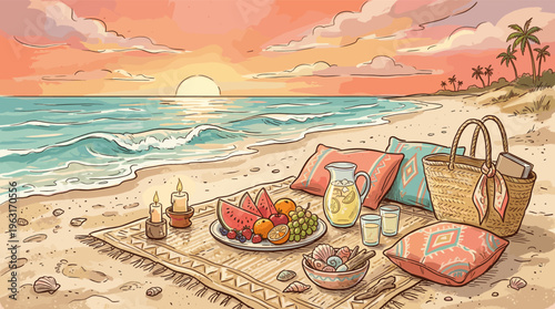 A romantic beach picnic at sunset with fresh fruit, lemonade, and candles. A cozy, bohemian illustration perfect for travel, vacation, or summer lifestyle concepts.