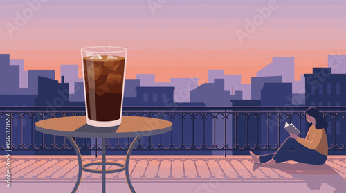 A woman reads a book on a balcony overlooking a city skyline at sunset. A glass of iced coffee sits on a table, creating a calm, relaxing scene for lifestyle concepts.