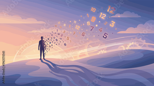 A conceptual vector illustration of a man's silhouette dissolving into numbers, symbolizing the passage of time, mortality, or memory loss against a sunset landscape.