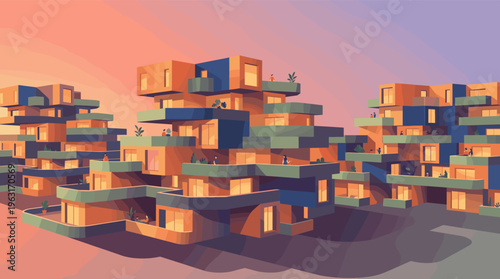 A vector illustration of a modern apartment complex with people on balconies at sunset. Shows futuristic urban community living. Ideal for real estate and architectural concepts.