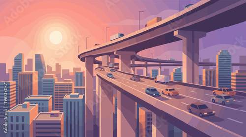 Vector illustration of a modern city with traffic on a complex highway overpass. The warm sunset creates a calm yet busy mood. Ideal for themes of urban life and infrastructure.