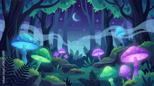 A magical night forest scene with glowing mushrooms illuminating the darkness. This whimsical fantasy landscape is perfect for backgrounds, games, and enchanting storytelling.