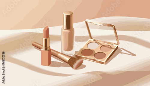 Vector illustration of a luxury cosmetic set with lipstick, foundation, and eyeshadow on an abstract beige background. Perfect for beauty, fashion, and glamour concepts.