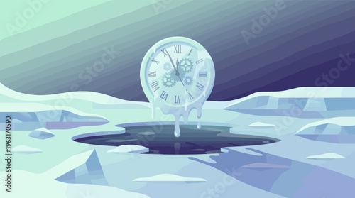 A surreal illustration of a clock melting into an icy landscape. A powerful metaphor for climate change, global warming, and the concept of time running out. Vector art.