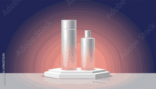 A modern illustration of two blank cosmetic bottles on a white podium. The elegant composition with a gradient background is perfect for beauty, skincare, and luxury product mockups.