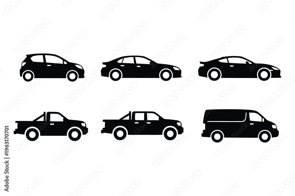 Fototapeta premium Diverse car silhouettes: sedan, truck, van, hatchback, pickup
