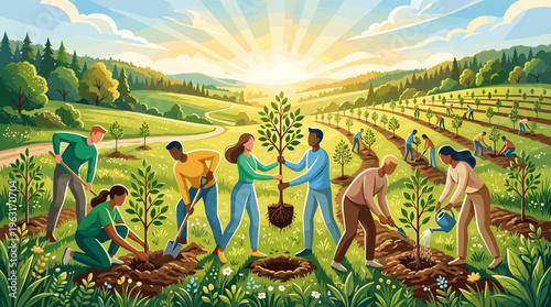 A diverse group of community volunteers plant trees together. Hopeful illustration of reforestation, sustainability, and teamwork for a better future and environmental care.
