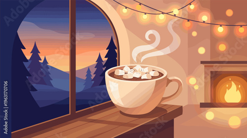 Cozy winter evening scene with hot chocolate and marshmallows by a warm fireplace. The window shows a snowy forest at sunset. Perfect for holiday, hygge, and seasonal concepts.