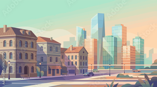 A quiet city street with old buildings contrasts a modern skyline of skyscrapers at dawn. A calm, urban vector illustration for backgrounds, web design, or real estate concepts.
