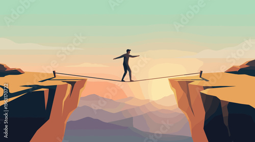 Man walks a tightrope over a canyon, symbolizing risk, challenge, and determination. Business concept for success, strategy, and overcoming obstacles.