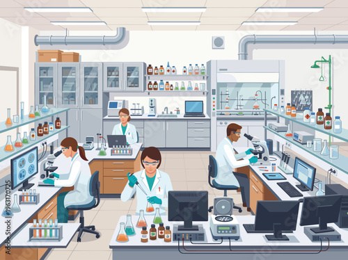 A diverse team of scientists working in a modern laboratory. Researchers conduct experiments and analysis. Vector illustration for science, medicine, and technology concepts.