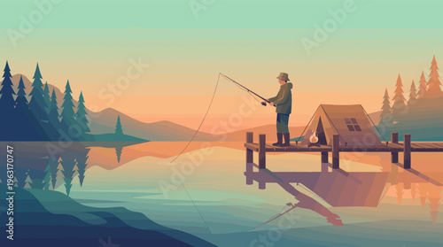 A tranquil vector illustration of a man fishing from a pier on a mountain lake at dawn or sunset. This peaceful scene is ideal for outdoor recreation, travel, or relaxation concepts.