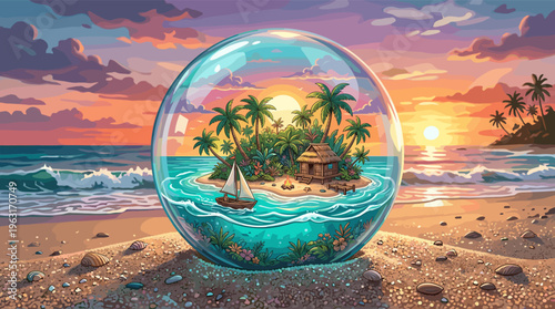 A fantasy illustration of a miniature tropical island with a hut and sailboat inside a glass bubble on a sandy beach at sunset. A concept for travel, dreams, and escapism.