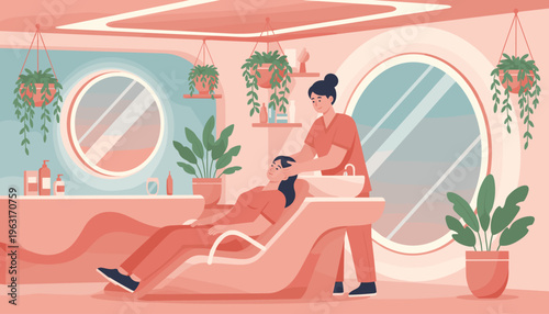 A woman relaxes while a hairstylist washes her hair in a modern, plant-filled beauty salon. A calm scene perfect for wellness, spa, and hair care concepts.