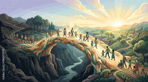 An inspiring illustration of a diverse community crossing a bridge of hands. Symbolizes hope, unity, support, and the journey to a better future. For concepts of togetherness.