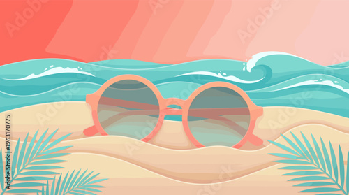 Vector illustration of pink sunglasses on a sandy beach. A calm tropical scene with ocean waves and palm leaves, perfect for summer vacation and travel concepts.