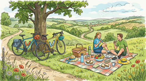 Illustration of a happy young couple on a picnic after a bike ride. Idyllic summer countryside scene, perfect for travel, leisure, and healthy lifestyle concepts.