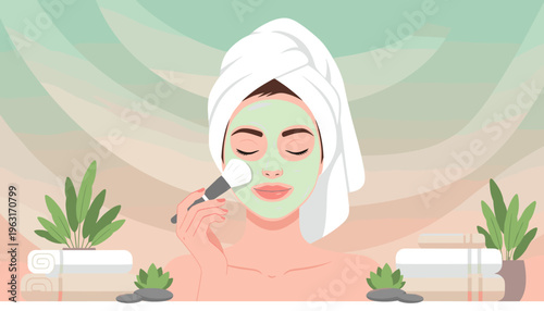 Relaxed woman applying a green cosmetic face mask at a spa. Vector illustration for beauty treatments, wellness, skincare routines, and self-care concepts.