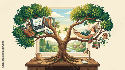 Conceptual art showing a tree split between work and leisure. One side has a laptop, the other a woman relaxing in a hammock. Symbolizes a healthy work-life balance and wellness.