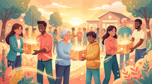 A heartwarming illustration of a diverse community sharing donation boxes. Perfect for charity, volunteering, and humanitarian aid concepts, showing kindness and support.