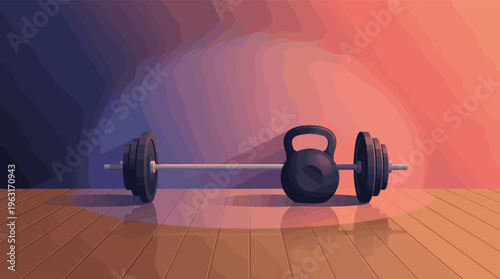 Vector illustration of a barbell and kettlebell in a gym. Dramatic lighting creates a motivational atmosphere for fitness, workout, and strength training concepts.