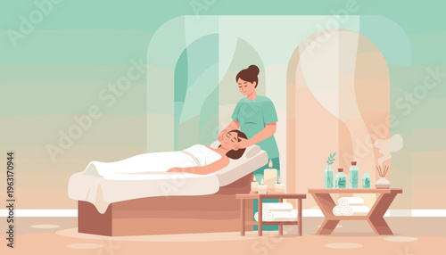 A woman enjoys a relaxing facial massage in a serene spa. A tranquil illustration for wellness, beauty, and self-care concepts. Perfect for spa advertising or health blogs.