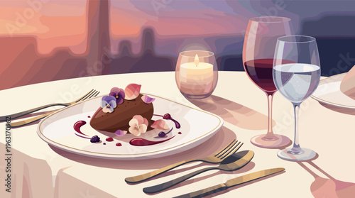 Elegant illustration of a romantic candlelight dinner. A gourmet dessert with wine at a restaurant table set for two. Perfect for Valentine's Day or fine dining concepts.