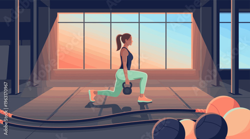Vector illustration of a strong woman exercising with a kettlebell in a sunlit gym. Motivational concept for fitness, health, wellness, and an active lifestyle.