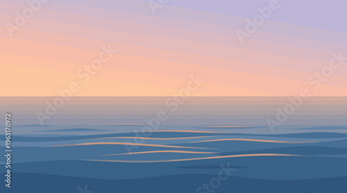 A serene digital illustration of a calm ocean at sunset. The peaceful seascape features a pastel sky and gentle waves, perfect for a tranquil background or wellness theme.