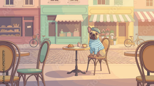 A charming illustration of a French bulldog in a beret at a Parisian cafe. The quaint European street scene evokes a whimsical, romantic mood. Perfect for travel or pet themes.