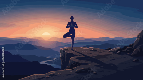 A calming silhouette practices yoga on a mountain top during a beautiful sunset. This vector art symbolizes peace, balance, and wellness in nature. Perfect for meditation.