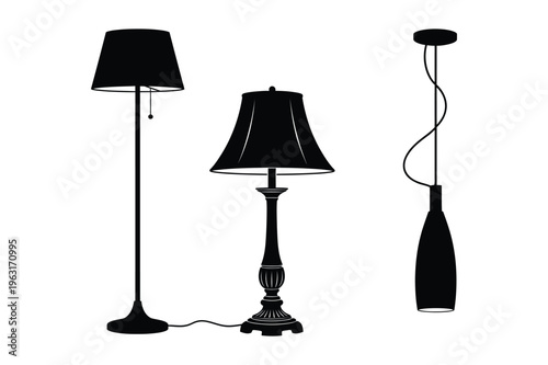 Black silhouette set of lamps: floor, table, pendant light