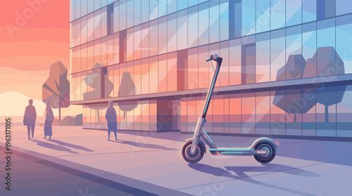Electric scooter parked in a modern city with glass buildings at sunset. A concept for urban mobility, eco-friendly transport, and smart city technology. Vector illustration.