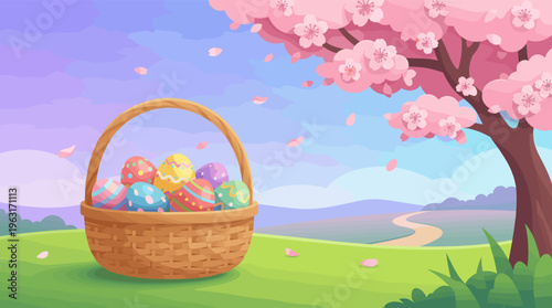 A cartoon illustration of an Easter basket with colorful eggs on a green meadow under a blooming cherry tree. A festive spring background for holiday greetings or promotions.
