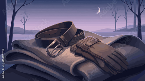 An illustration of men's leather accessories, a belt and gloves, in a calm winter landscape at night. A quiet, stylish scene for fashion, lifestyle, or storytelling concepts.
