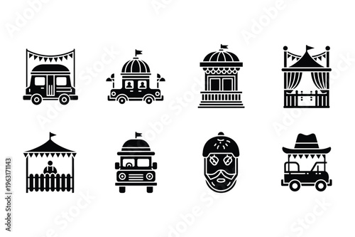 Black silhouette icons: food trucks, stalls, booths, ferris wheel