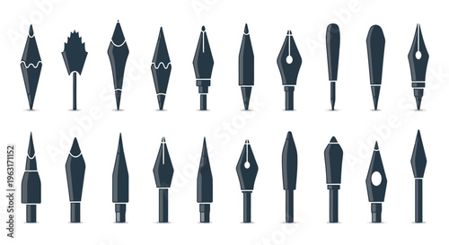 Assorted vintage-style calligraphy and fountain pen nibs in black and white silhouette