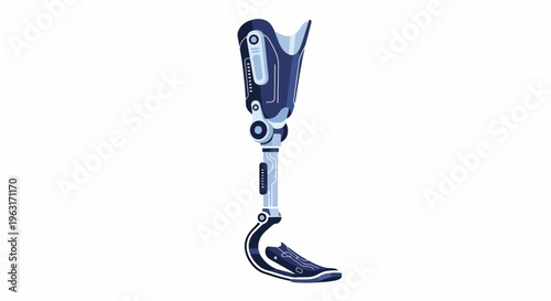 Prosthetic leg with blue and silver components and a shoe