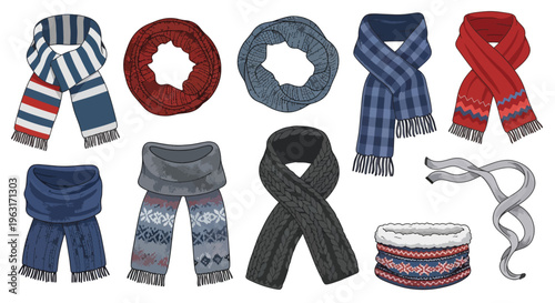 Collection of various colorful scarves in different patterns and textures for fashion and winter accessories
