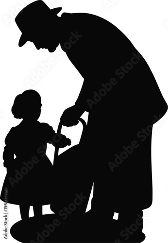 Vector silhouette of elderly person with cane holding child’s hand, intergenerational care, family support, love, compassion relationship illustration design